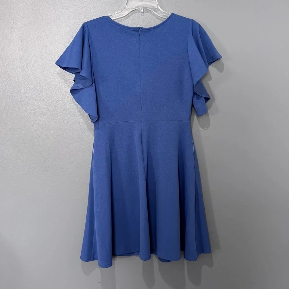 OTEN Skater Dress Women Med Blue Crepe Flutter Sleeve Fit Flare Cocktail‎ Party